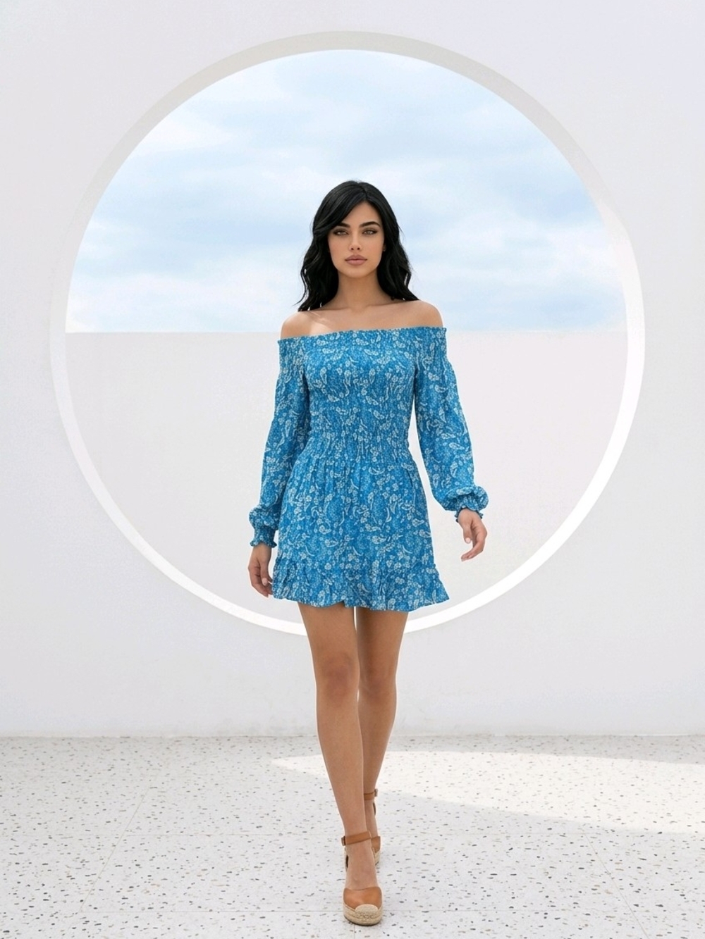 Cool Change Smocked Off-Shoulder Blue Floral Mini Dress SZ XS